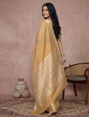 Golden color cotton zari temple border casual saree with blouse 3