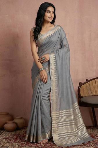 Grey color cotton zari temple border casual saree with blouse