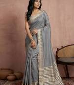 Grey color cotton zari temple border casual saree with blouse