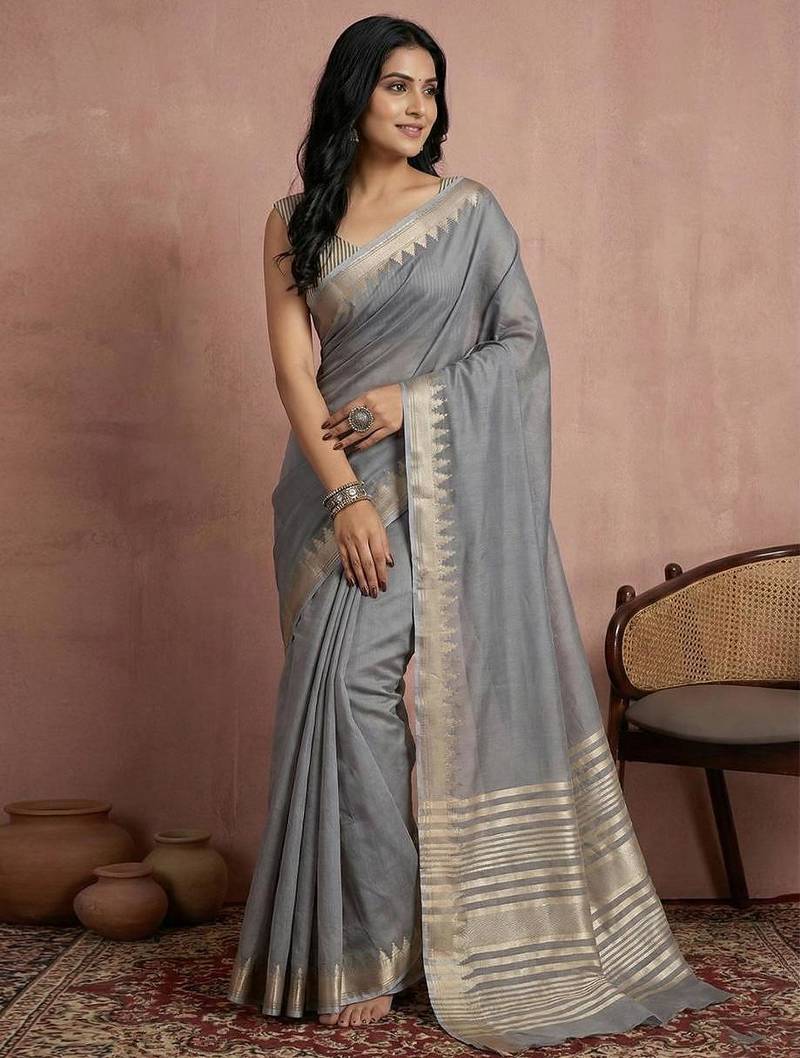 Grey color cotton zari temple border casual saree with blouse