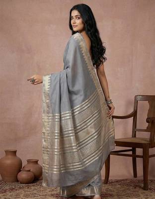 Grey color cotton zari temple border casual saree with blouse 2