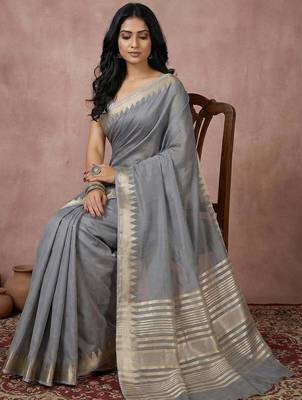 Grey color cotton zari temple border casual saree with blouse 3