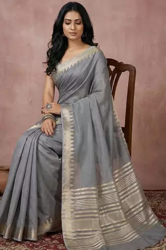 Grey color cotton zari temple border casual saree with blouse