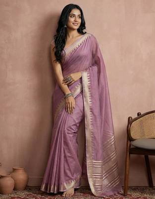Purple color cotton zari temple border casual saree with blouse 1