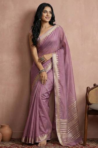 Purple color cotton zari temple border casual saree with blouse