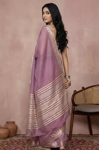 Purple color cotton zari temple border casual saree with blouse