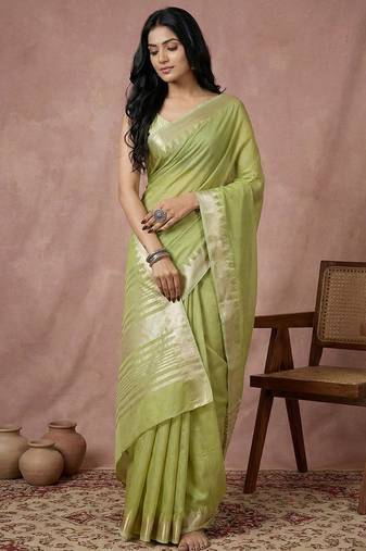 Light green color cotton zari temple border casual saree with blouse