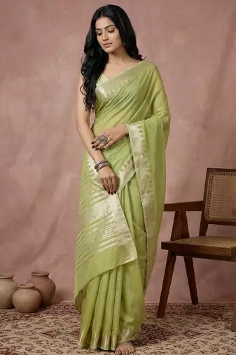 Light green color cotton zari temple border casual saree with blouse