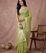 Light green color cotton zari temple border casual saree with blouse