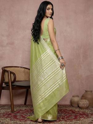 Light green color cotton zari temple border casual saree with blouse 2