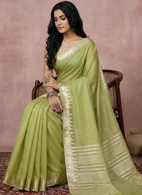 Light green color cotton zari temple border casual saree with blouse 3
