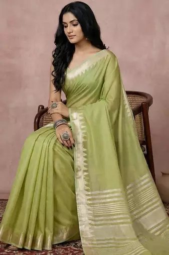 Light green color cotton zari temple border casual saree with blouse