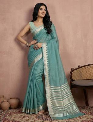 Teal color cotton zari temple border casual saree with blouse 1