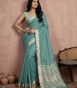 Teal color cotton zari temple border casual saree with blouse