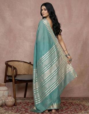 Teal color cotton zari temple border casual saree with blouse 2