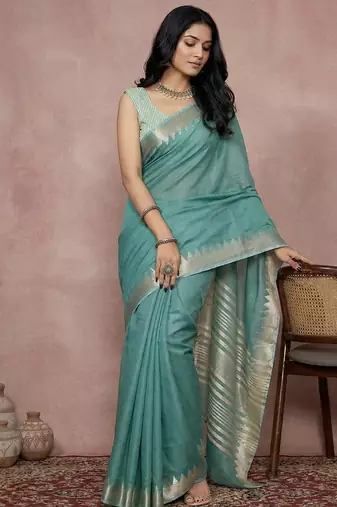 Teal color cotton zari temple border casual saree with blouse