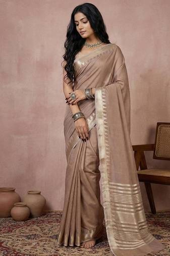 Beige color cotton zari temple border casual saree with blouse