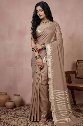 Beige color cotton zari temple border casual saree with blouse