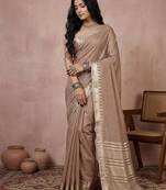 Beige color cotton zari temple border casual saree with blouse