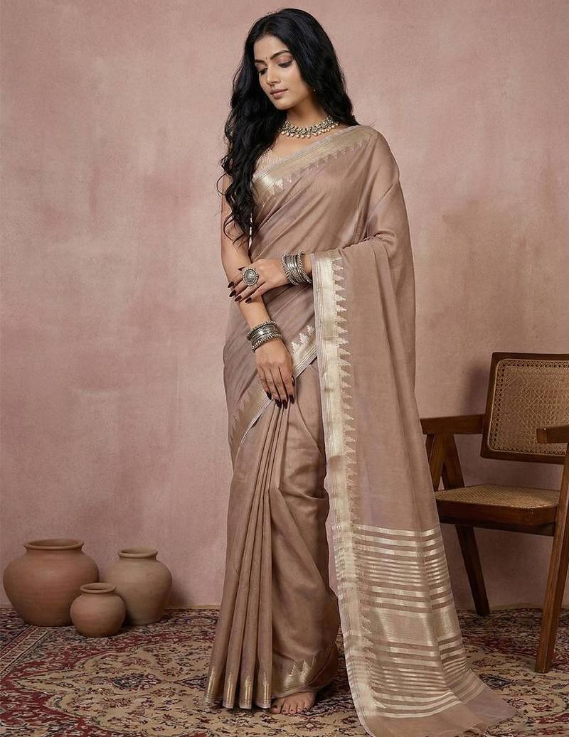 Beige color cotton zari temple border casual saree with blouse