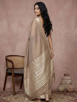 Beige color cotton zari temple border casual saree with blouse 2