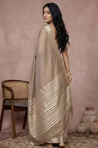 Beige color cotton zari temple border casual saree with blouse