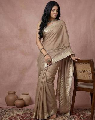 Beige color cotton zari temple border casual saree with blouse 3