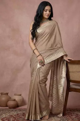 Beige color cotton zari temple border casual saree with blouse