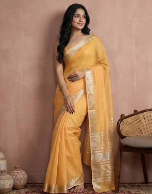 Musturd yellow color cotton zari temple border casual saree with blouse 1