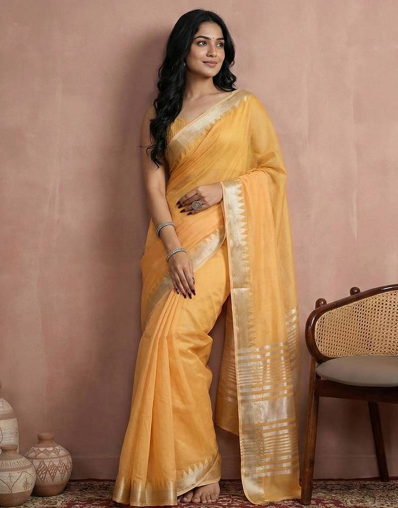 Musturd yellow color cotton zari temple border casual saree with blouse