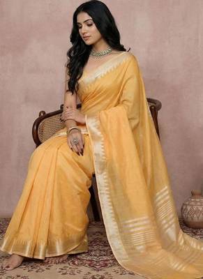 Musturd yellow color cotton zari temple border casual saree with blouse 2