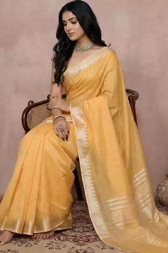 Musturd yellow color cotton zari temple border casual saree with blouse