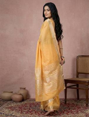 Musturd yellow color cotton zari temple border casual saree with blouse 3