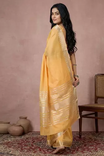 Musturd yellow color cotton zari temple border casual saree with blouse