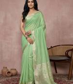 Light green color cotton zari temple border casual saree with blouse