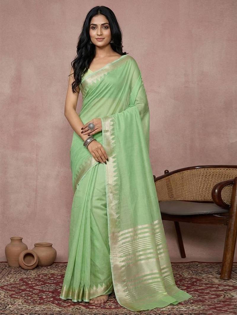 Light green color cotton zari temple border casual saree with blouse