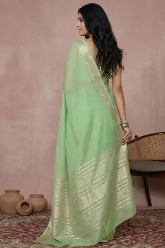 Light green color cotton zari temple border casual saree with blouse
