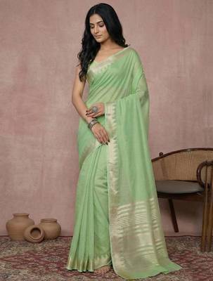 Light green color cotton zari temple border casual saree with blouse 3