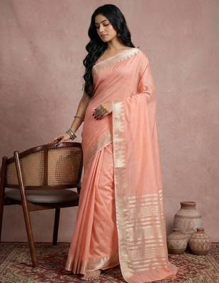Peach color cotton zari temple border casual saree with blouse 1