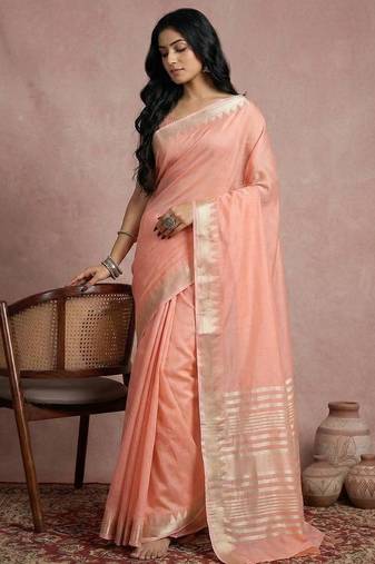 Peach color cotton zari temple border casual saree with blouse