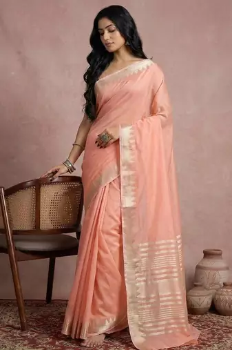 Peach color cotton zari temple border casual saree with blouse