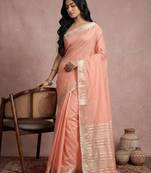 Peach color cotton zari temple border casual saree with blouse