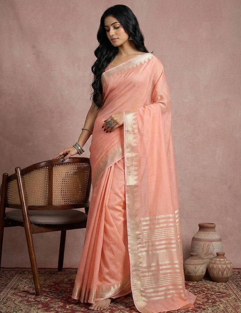 Peach color cotton zari temple border casual saree with blouse