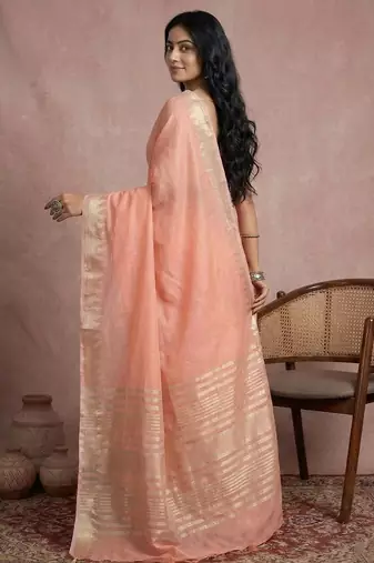 Peach color cotton zari temple border casual saree with blouse