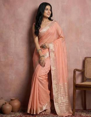 Peach color cotton zari temple border casual saree with blouse 3