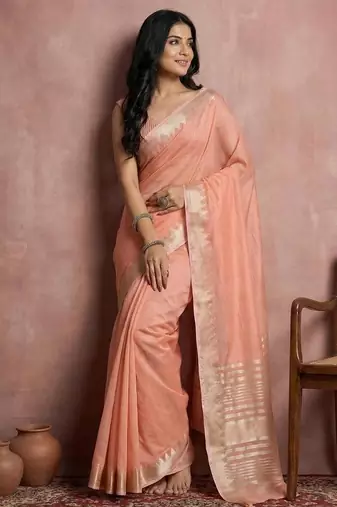 Peach color cotton zari temple border casual saree with blouse