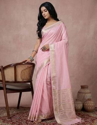 Light pink color cotton zari temple border casual saree with blouse 1