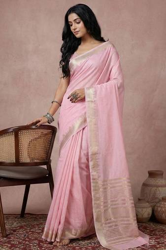 Light pink color cotton zari temple border casual saree with blouse