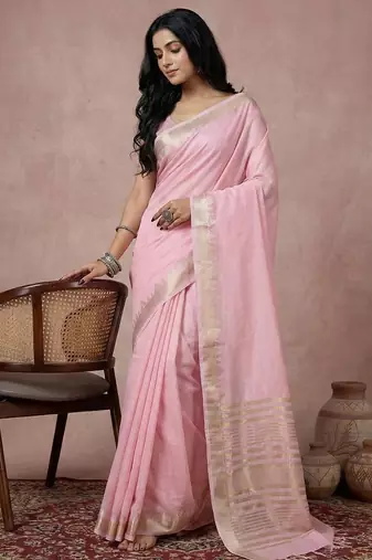 Light pink color cotton zari temple border casual saree with blouse