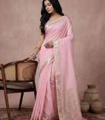 Light pink color cotton zari temple border casual saree with blouse
